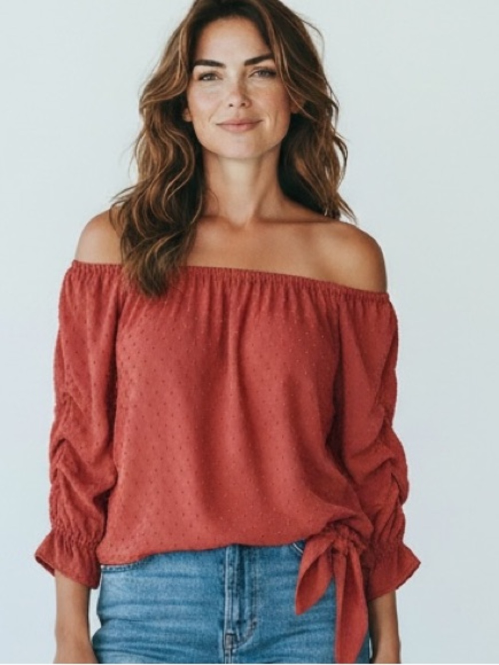 Vince Camuto Off Shoulder Swiss Dot Top XL Desert Summer Ruched Sleeve Tie Hem